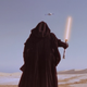 An extremely cloaked Darth Maul watches a silver spaceship fly away from sandy Tatooine.